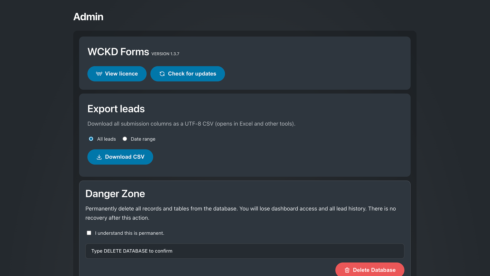Admin — Admin tools and licence