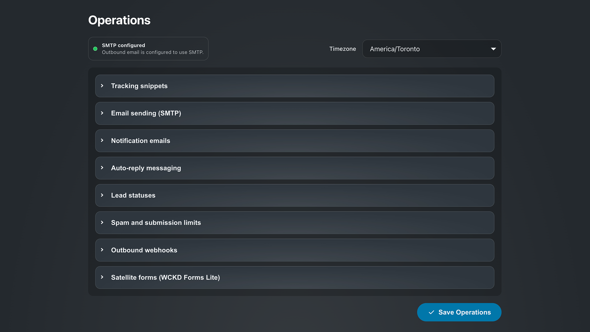 Operations — Operations settings for mail and webhooks