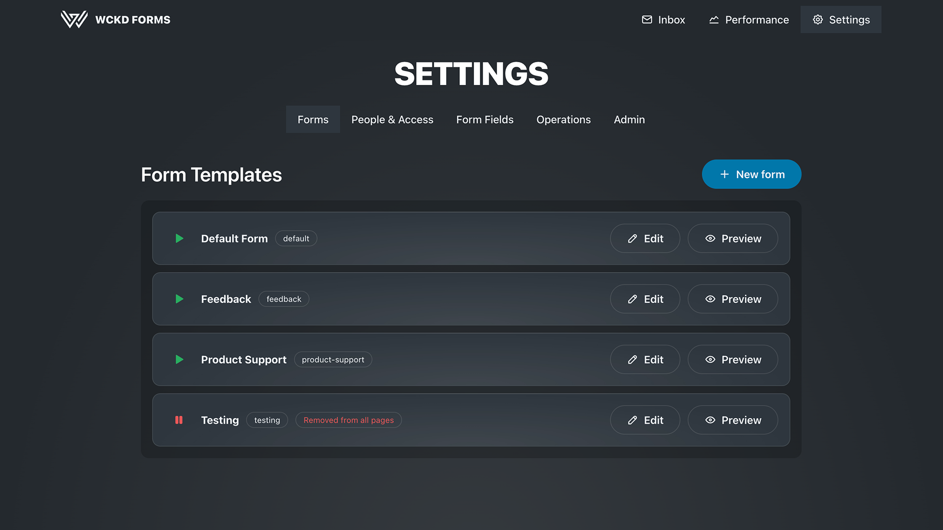 Form templates — Form templates list in Settings